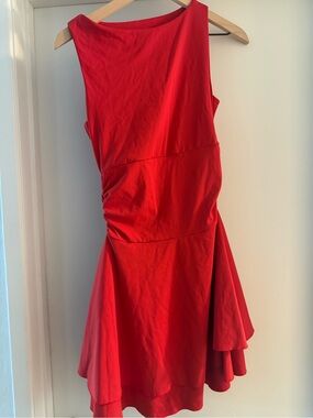 Red Sleeveless Ruched Waist Skater Dress